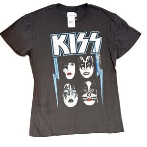 KISS Faces Cover Gray Short Sleeve Band T Shirt Retro Look 100% Cotton Large New